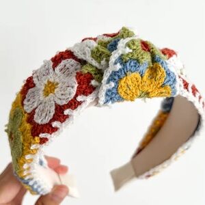 Crochet Colorful Floral Knit Headband with Topknot
